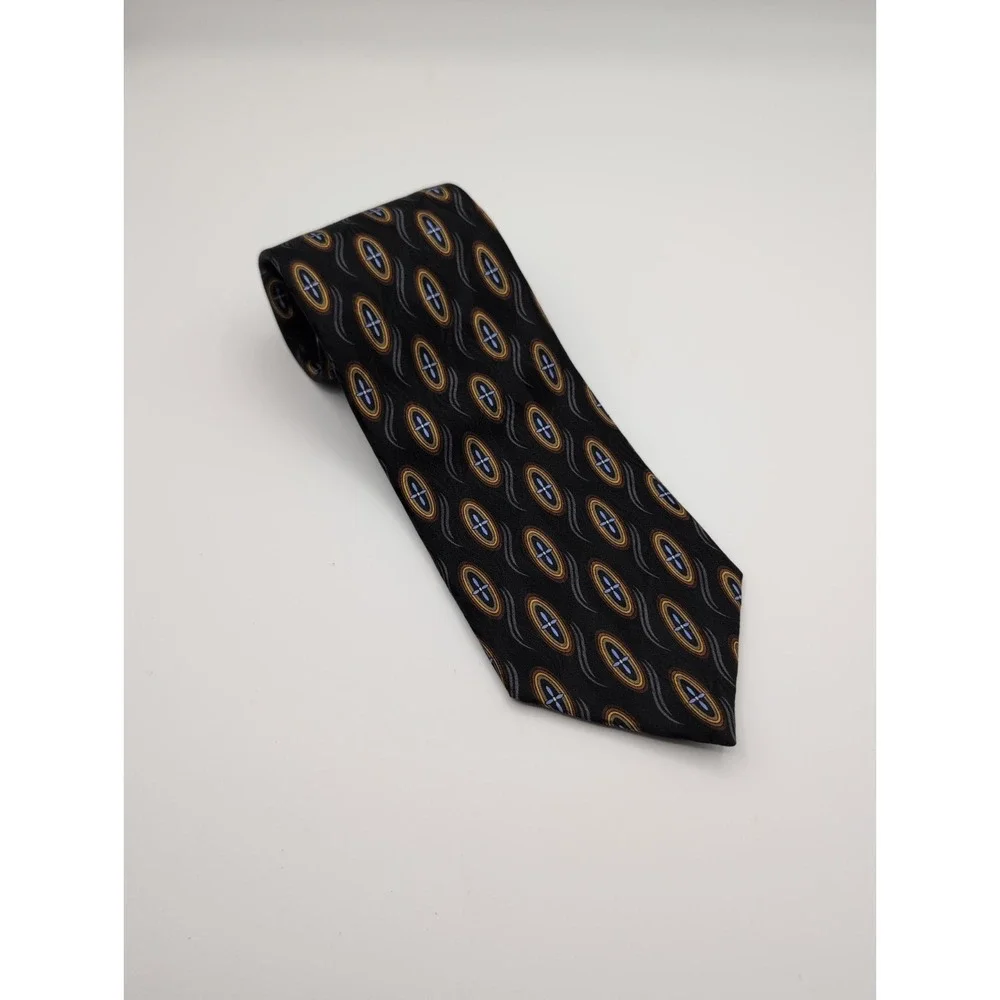 Vintage J.Z.‎ Richards Silk Tie Black Geometric Oval Medallion Pattern Made USA